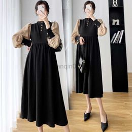 Maternity Dresses 8993# 2022 Autumn Winter Korean Fashion Maternity Long Dress Patchwork A Line Slim Clothes for Pregnant Women Ins Chic Pregnancy HKD230808