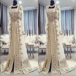 Moroccan Caftan Kaftan Evening Dresses Dubai Abaya Arabic Long Sleeves Amazing Gold Embroidery Square-Neck Occasion Prom Formal Go246S