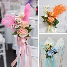 Decorative Flowers Chair Artificial Rose & Feather Banquet Seat Knot Cover For Church Car Outdoor Party Wedding Events Decoration Supplies