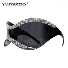 Sunglasses Bling Rhinestones Oversized One Piece Y2K Women Big Frame Goggle Sun Glasses Female Men Mirror Shades