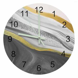 Wall Clocks Grey Gradient Texture Marble Pattern Luminous Pointer Clock Home Ornaments Round Silent Living Room Office Decor