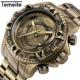 Temeite Mens Watches Top Brand Bronzed Style Stainless Steel Men Watch Casual Quartz Watches Reloj Hombre 2018273G