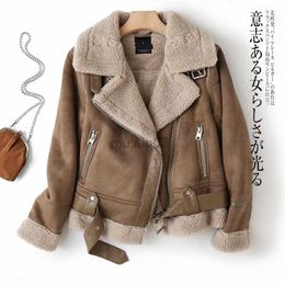 Women's Leather Faux Leather Women Winter Faux Shearling Sheepskin Fake Leather Jackets Lady Thick Warm Suede Lambs Short Motorcycle Brown Coats Leather HKD230808