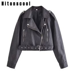 Womens Jackets Women Vintage Loose Pu Faux Leather Short Jacket with Belt Streetwear Female Zipper Retro Moto Biker Coat Outwear Tops 230808