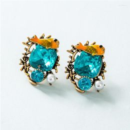 Stud Earrings Exaggerated Vintage Gold Colour Enamelling Pearl Beads Fish Lake Blue For Women Girls Fashion Jewellery