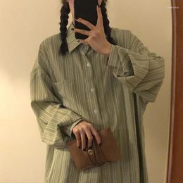 Women's Blouses Vintage Striped Shirts Women Harajuku Long Sleeve Korean Tops Female Casual All-match Loose Light Green Button Blouse