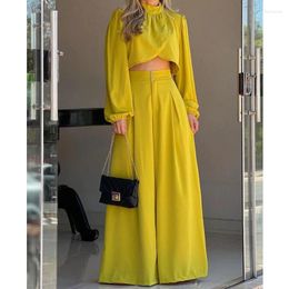 Women's Pants Women Yellow Irregular Bareback Top Wide Leg Pant Set Spring Summer Office Lady High Collar Long Sleeve Shirt Waist