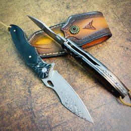 Top Quality S7207 Flipper Folding Knife Damascus Steel Blade Ebony Handle Ball Bearing Fast Open Folder Knives with Leather Sheath