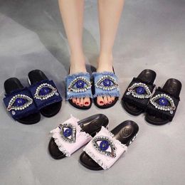 Sandals New Summer Eye Tears Rhinestone Denim Slippers Fashion Tassel Thick-soled Sandals Casual Home Womens Shoes Designer 230417