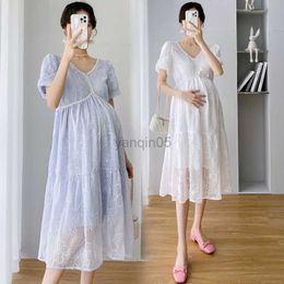 Maternity Dresses 857# 2023 Summer Korean Fashion Maternity Long Dress Elegant A Line Loose Clothes for Pregnant Women Sweet Pregnancy Postpartum HKD230808