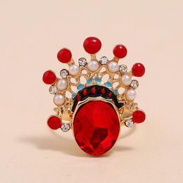 Cluster Rings Luxury Oval Red Color Zircon Beijing Opera Jewelry Ring Individual Creative Decoration Exaggerates Index