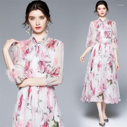 Casual Dresses Fashionable Summer Women's Stock Long Sleeved Vacation Style Large Swing Chiffon Printed Vintage Dress Slim Fit Skirt
