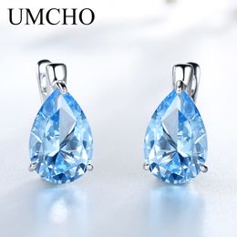 Ear Cuff UMCHO Luxury Nano Gemstone Blue Topaz Clip Earrings For Women 925 Sterling Silver On Water Drop Fine Jewellery Gift 230808