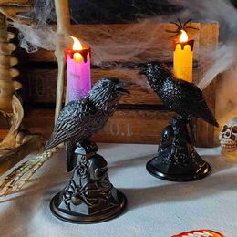 Lifelike Black Crow Statue Glowing Candlestick LED Candles Lights Halloween Home Decorations Raven Table Lamp Scary Ornaments L230621