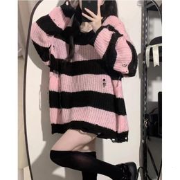 Women's Sweaters Deeptown Y2k Pink Striped Sweater Women Korean Fashion Pullover Kpop Knitwear Vintage Oversized Knitted Female Jumper Aesthetic 230807