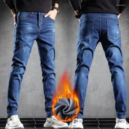 Men's Jeans Winter Warm Fleece Slim Design Thicken Stretch Blue Denim Pants Male Brand Clothing 38