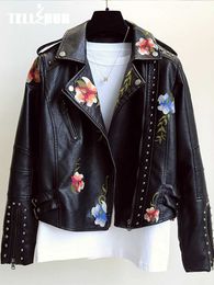 Women's Leather Faux Leather New Women Retro Floral Print Embroidery Faux Soft Leather Jacket Coat Turndown Collar Pu Moto Biker Black Punk Outerwear HKD230808