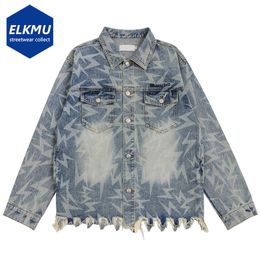 Mens Jackets Broken Lightning Printed Denim Jacket Men Vintage Loose Blue Jeans Harajuku Hip Hop Streetwear for Man 230808