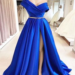 Royal Blue Elegant One Shoulder Satin Evening Dresses South African Split Prom Dress Long Formal Party Evening Gowns Gold Sash Ruc301q