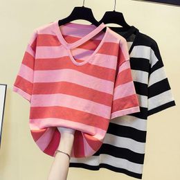 Women's Sweaters Summer Korean Striped Knit Tshirt Sweater Women Ice Silk Stylish Fashion Chic Tops Short Sleeve Casual Ladies Knitwear