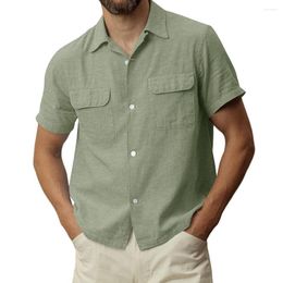 Men's Casual Shirts Summer Cotton Linen Short Sleeve T Shirt For Men Button Beach Solid Color Pocket Top