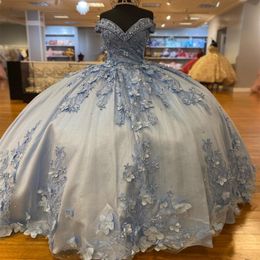 Glitter Sky Blue Princess Ball Gown Quinceanera Dresses Off Shoulder 3DFlower Appliques Beads Vestidos De 15 Anos Prom Gown
