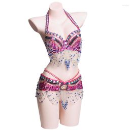 Stage Wear 2023 Performance Belly Dancing Costumes 2 Pieces Eastern Style Sequined Beaded Top Dance Bra And Belt