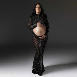 Maternity Dresses Stretchy Mesh Crystal Maternity Photography Outfit Dress Set Rhinestone Maternity Woman Photo Shoot Tops Dress HKD230808