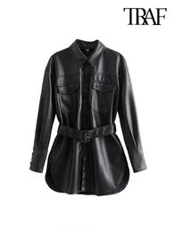 Women's Leather Faux Leather TRAF Women Vintage Stylish Faux Leather With Belted Jacket Coat Fashion Long Sleeve Pockets Side Vents PU Outerwear Chic Tops HKD230808