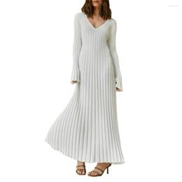 Casual Dresses Ribbed Knitting Dress Women Autumn Winter V-neck Loose Flared Long Sleeve Waist Tight Maxi Party Club