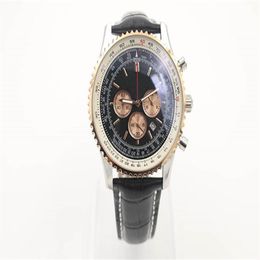 New Style Quartz Watch Chronograph Function Stopwatch Black Dial Gold Fluted Case Leather Belt Silver Skeleton 1884 Navitimer Watc293m