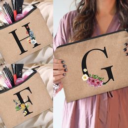 Cosmetic Bags Cases Floral Letter Print Women Linen Zipper Pouch Travel Organiser Case Mujer Bolsas Bag Makeup Bridesmaid 230808