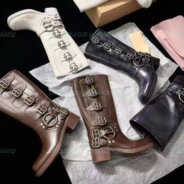 Designer boots Women Retro Leather boots cowhide Hot-stamped logo buckles leather Biker Knee Boots Fashion Square toe Ankle Booties shiny leather Ankle Boots