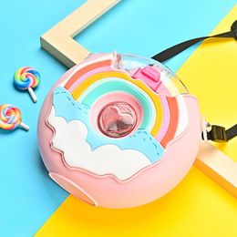 Water Bottles Cute Kawaii Donuts Shape Bottle With Straw BPA Free Plastic Kids Baby Drink Strap Insulation Silicone Sleeve