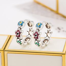 Hoop Earrings Charm Female Red Blue Star Round Silver Color For Women Wedding Small Enamel Jewelry