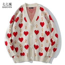 Men's Sweaters Heart-shaped Cardigan Sweater Men Street Oversized Knitted Pullover Casual Hip Hop Couple Jumper Harajuku V-neck Cardigan Unisex 230807