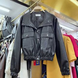 Women's Leather Faux Autumn 2023 Korean Women Snake Print Jacket Elastic Waist Female Short Coat Single-breasted Biker Streetwear HKD230808