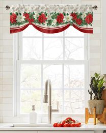 Curtain Christmas Poinsettia Flower Berry Window Living Room Kitchen Cabinet Tie-up Valance Rod Pocket