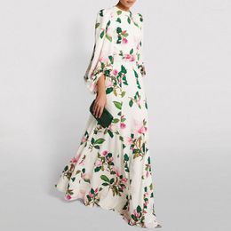 Casual Dresses Clothes European Spring Summer For Women 2023 Runway Designers Vintage O-neck Lantern Long Sleeve Printed Maxi Dress