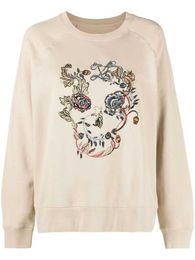 Zadig Voltaire Classic fashion Pure cotton sportswear Skull Coloured Gold Silver Thread Embroidery Brushed Fleece Women Round Neck sweat Apparel Fashion Brand Tops