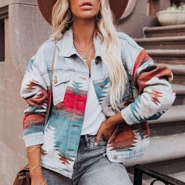 Womens Jackets Retro Denim Jacket Long Sleeved Lapel Loose Stitching Woolen Female AZTEC Vintage Coat 230808