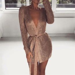 Casual Dresses Perspective Knitted Cardigan Sweater Dress Bronzing Colour Club Party Bodycon Deep V-neck Long Sleeve Sashes Jacket