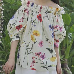 Women's Blouses 2023 Summer Women Elegant Flower Print Half-sleeve Off Shoulder Shirt Fashion Loose Cotton Blouse Runway Casual Holiday Tops