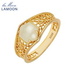 Обручальные кольца Lamoon Gemstone Натуральное нефритовое кольцо для женщин нефрит винтаж Hollow Out Design Bijou 925 Серебряное золото, покрытые ювелирными изделиями 230808