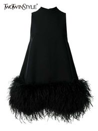 Women's Fur Faux Fur TWOTWINSTYLE Feather Fur Dress For Women O Neck Sleeveless Loose Tassel A Line Dresses Female Streetwear 2022 Summer Fashion New HKD230727