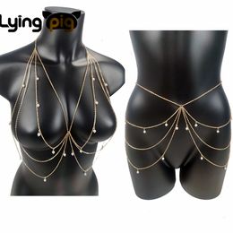 Belly Chains Body Jewelry Chest Chain Multilayered Pearl Tassel Waist Chain Body Chain Fashion for Women Sexy Bikinis Accessories Beach Punk 230808