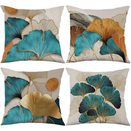 Pillow Case Decorative Throw Covers Green Gold Ginkgo Leaf Print Linen Cushion Morden Couch Square Pillows Cases 230807