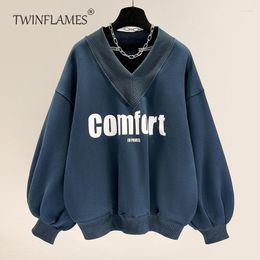 Women's Hoodies TWINFLAMES Letter Print Fleece Sweatshirt Women Velvet Thickened Loose V-neck Coat Tops For Female Winter Clothes