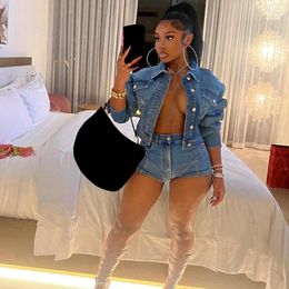 Women's Tracksuits KEXU Elegant Denim Set Long Sleeve Jacket And Shorts Suit Casual Street Tracksuit Two Piece Jean Fitness Outfits