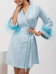 Women's Sleepwear Linad Feathers Robes For Women Casual Long Sleeve Nightwear Sashes 2023 Autumn Fashion Bathrobe Female Loose Patchwork